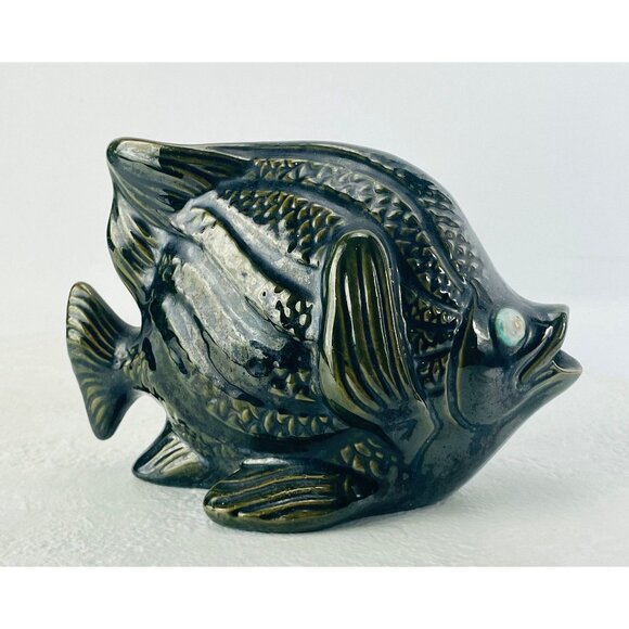 Vintage 1960s fish ashtray, green iridescent ceramic, self standing - Picture 2 of 10